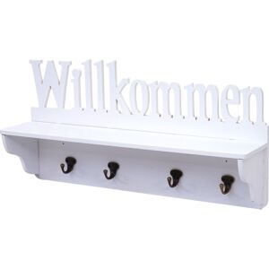 Wandgarderobe HHG 628 Willkommen, Garderobe Regal, 4 Haken massiv 30x60x13cm weiß - white