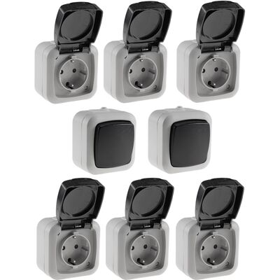 CHILITEC Feuchtraum Set 6x Steckdose 2x Wechselschalter Aufputz Ip44 CHILITEC Feuchtraum Set 6x Steckdose 2x Wechselschalter Aufputz Ip44