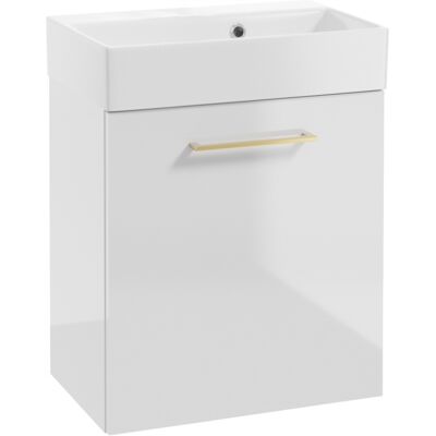 OEM Wandhängender Badezimmerschrank Mit Waschbecken 60x50cm Weiß Hochglanz Goldgriff Elara OEM Wandhängender Badezimmerschrank Mit Waschbecken 60x50cm Weiß Hochglanz Goldgriff Elara