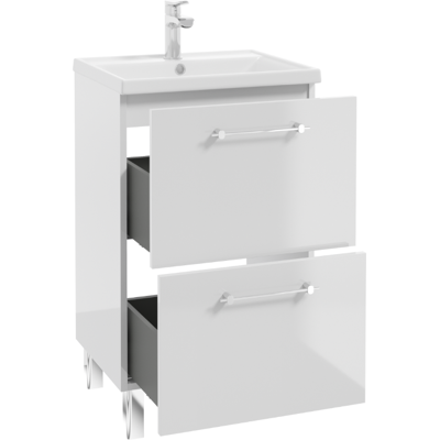 OEM Badezimmerschrank Mit Waschbecken Und 2 Schubladen, 50 X 80 Cm, Freistehend, Weiß Hochglanz, Modell Cassandra OEM Badezimmerschrank Mit Waschbecken Und 2 Schubladen, 50 X 80 Cm, Freistehend, Weiß Hochglanz, Modell Cassandra