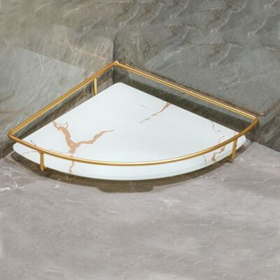 JUTE Weißes Dreieckiges Regal Mit Goldenen Verzierungen Für Das Badezimmer, Mit Ablagefach Und Aufbewahrungsmöglichkeit Für Kosmetikartikel. JUTE Weißes Dreieckiges Regal Mit Goldenen Verzierungen Für Das Badezimmer, Mit Ablagefach Und Aufbewahrungsmöglichkeit Für Kosmetikartikel.