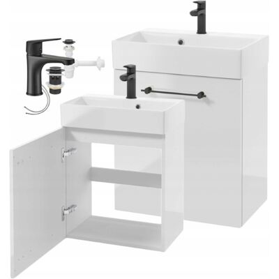 OEM Wandhängender Badezimmerschrank, Weiß Glänzend, Schwarze Griffe, 60 X 50 Cm, Elara Armatur Und Siphon OEM Wandhängender Badezimmerschrank, Weiß Glänzend, Schwarze Griffe, 60 X 50 Cm, Elara Armatur Und Siphon