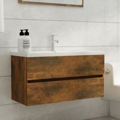 vidaXL Rauch Eichen Badezimmerwaschbeckenunterschrank - Wandspüle - 90x38,5x45 cm vidaXL Rauch Eichen Badezimmerwaschbeckenunterschrank - Wandspüle - 90x38,5x45 cm