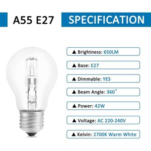 Aougo - Halogenlampe E27 A55 42W dimmbar, AC220-240V, 650LM Warmweiß 2700K, transparente E27-Halogen-Kugellampe für Deckenleuchte, Schreibtischlampe, Aougo - Halogenlampe E27 A55 42W dimmbar, AC220-240V, 650LM Warmweiß 2700K, transparente E27-Halogen-Kugellampe für Deckenleuchte, Schreibtischlampe,