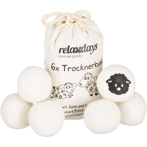 Relaxdays - Trocknerbälle xxl, 6 Trocknerkugeln, Filzbälle für Trockner, aus Schafswolle, umweltschonend, ø 7 cm, weiß