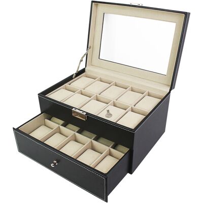 TODECO Coffret À Montres, Boite Pour Montres Et Bracelets, 20 Montres Avec Vitre Et Tiroir, Noir/beige, Dimensions: 28,5 X 20,5 X 15 Cm TODECO Coffret À Montres, Boite Pour Montres Et Bracelets, 20 Montres Avec Vitre Et Tiroir, Noir/beige, Dimensions: 28,5 X 20,5 X 15 Cm