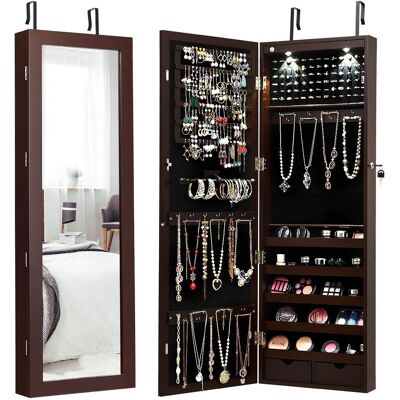 Costway - Led Schmuckschrank Mit Ganzkoerperspiegel, Schmuckregal Tür- Und Wandmontage, Haengender Schmuck Spiegelschrank Für Ringe, Kettenhaken Und Ohrringe Braun Costway - Led Schmuckschrank Mit Ganzkoerperspiegel, Schmuckregal Tür- Und Wandmontage, Haengender Schmuck Spiegelschrank Für Ringe, Kettenhaken Und Ohrringe Braun