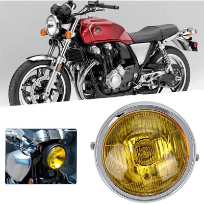HEAT Runder, Gelber Retro-motorradscheinwerfer, Bernsteinfarbene Linse, Kompatibel Mit Cg125 Und Gn125, Elektrolytisch Verchromte Oberfläche, Modifizierter Scheinwerfer HEAT Runder, Gelber Retro-motorradscheinwerfer, Bernsteinfarbene Linse, Kompatibel Mit Cg125 Und Gn125, Elektrolytisch Verchromte Oberfläche, Modifizierter Scheinwerfer