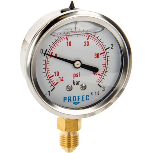 Profec Manometer -1 bis 3 bar, Glyzeringefüllt, Ø 63 mm, 1/4 Zoll Anschluss nach unten Radial, Unterdruck-Manometer