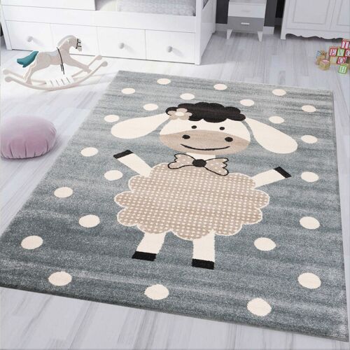 VIMODA Kinderteppich Kinderzimmer Babyteppich Fröhlicher Schaf Mint Blau Beige Dots,Ø 120 cm Rund