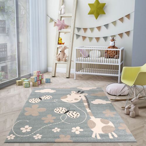 VIMODA Kinderteppiche Giraffe mit Schmetterling und Blumen Kinderteppich für Mädchen und Jungs Teppich für Kinderzimmer Blau Kinderzimmerteppiche ,160x230 cm