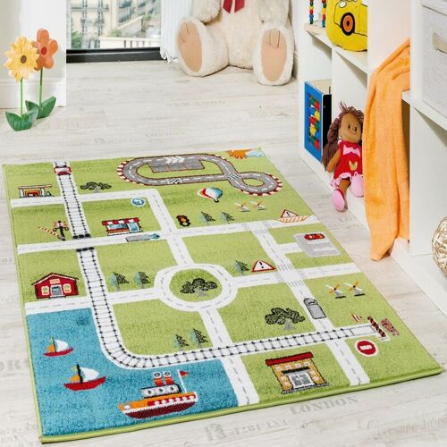 Paco Home - Kinderteppich Spielteppich Straßenteppich Stadt Straße Grau Grün 80x150 cm