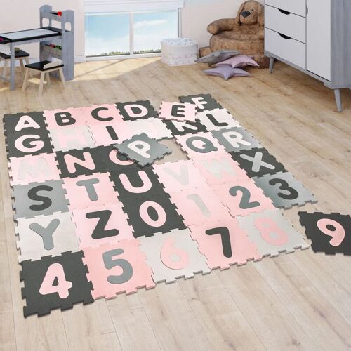 Puzzlematte Spielmatte Schaumstoffmatte Baby Kinder Matte Mädchen Zahlen Buchstaben Pastell Rosa 36 Puzzleteile 32x32 cm x 36 Stück - Paco Home