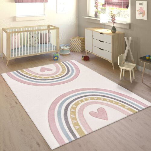 Paco Home - Teppich Kinderzimmer Kinderteppich Spielteppich Pastell 3D Regenbogen Herz Punkte 160x230 cm, Pink