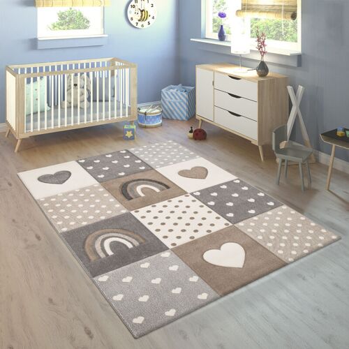 Teppich Kinderzimmer Kinderteppich Spielteppich Pastell 3D Regenbogen Herz Punkte 160x230 cm, Beige 2 - Paco Home