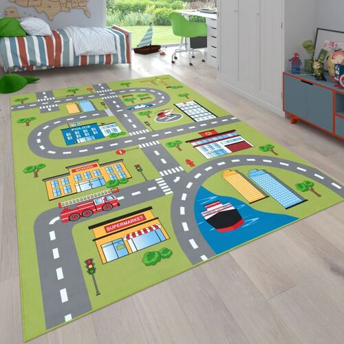 Teppich Kinderzimmer Kinderteppich Spielteppich Straßen Und Auto Motiv Grün Grau 140x200 cm - Paco Home