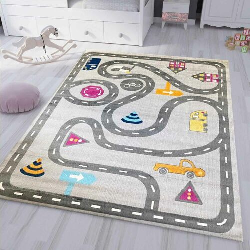 VIMODA Kinderteppich Spielteppich Straße Auto Verkehr Teppich für Kinderzimmer Grau oder Blau,Grau, 160x220 cm