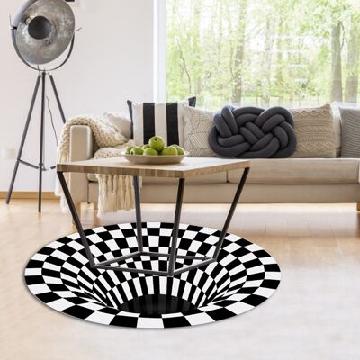 JUTE Runder Teppich Mit Schwarz-weißem 3d-wirbelkaromuster Für Schlafzimmer, Rutschfest, Für Zuhause JUTE Runder Teppich Mit Schwarz-weißem 3d-wirbelkaromuster Für Schlafzimmer, Rutschfest, Für Zuhause