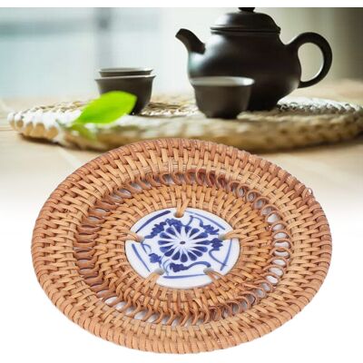 JUTE Handgewebter Vietnamesischer Thu-rattan-teppich Mit Wärmedämmung, Runder Blau-weißer Porzellanuntersetzer, 10 Cm JUTE Handgewebter Vietnamesischer Thu-rattan-teppich Mit Wärmedämmung, Runder Blau-weißer Porzellanuntersetzer, 10 Cm