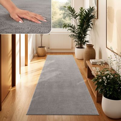 Paco Home - Moderner Wohnzimmer Teppich Kurzflor Waschbar Weich Einfarbig Felloptik Anti-rutsch 80x300 Cm, Grau Paco Home - Moderner Wohnzimmer Teppich Kurzflor Waschbar Weich Einfarbig Felloptik Anti-rutsch 80x300 Cm, Grau
