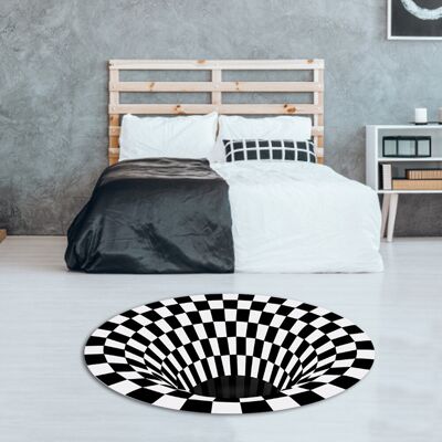 HEAT Runder, Schwarz-weißer Gitterteppich Mit 3d-wirbelmuster Für Zimmer, Schlafzimmer Und Wohnzimmer – Rutschfeste Fußmatten HEAT Runder, Schwarz-weißer Gitterteppich Mit 3d-wirbelmuster Für Zimmer, Schlafzimmer Und Wohnzimmer – Rutschfeste Fußmatten