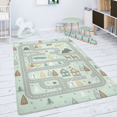 Paco Home - Kinderteppich Teppich Kinderzimmer Spielmatte Straße Bär Elch Bäume Grün Grau 80x150 Cm Paco Home - Kinderteppich Teppich Kinderzimmer Spielmatte Straße Bär Elch Bäume Grün Grau 80x150 Cm