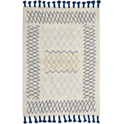 Beliani Baumwolle Teppich - 140x200cm Geometrisches Muster Beige & Blau Beliani Baumwolle Teppich - 140x200cm Geometrisches Muster Beige & Blau