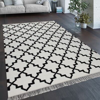 Teppich Wohnzimmer Marokkanisches Muster Fransen Handgewebt Baumwolle Weiß Schwarz 240x340 Cm - Paco Home Teppich Wohnzimmer Marokkanisches Muster Fransen Handgewebt Baumwolle Weiß Schwarz 240x340 Cm - Paco Home