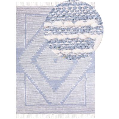 Beliani Teppich Off-White Blau Baumwolle Wolle 160 x 230 cm Geometrisches Muster Tribal Fransen - Teppich Beliani Teppich Off-White Blau Baumwolle Wolle 160 x 230 cm Geometrisches Muster Tribal Fransen - Teppich