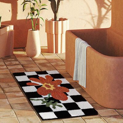 HEAT Schwarz-weiße, Rutschfeste Fußmatte Mit Karomuster, Hübsche Fußmatte Für Bad, Küche, Wohnzimmer, Mit Orangefarbenen Blumen, 40 X 60 Cm HEAT Schwarz-weiße, Rutschfeste Fußmatte Mit Karomuster, Hübsche Fußmatte Für Bad, Küche, Wohnzimmer, Mit Orangefarbenen Blumen, 40 X 60 Cm