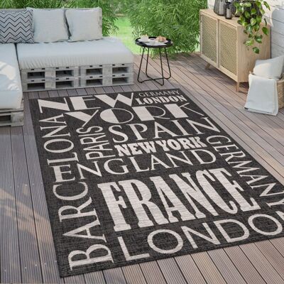 Outdoor Teppich Wetterfest Balkon Küche Modernes Muster Mit Schriftzug 160x220 Cm, Anthrazit - Paco Home Outdoor Teppich Wetterfest Balkon Küche Modernes Muster Mit Schriftzug 160x220 Cm, Anthrazit - Paco Home