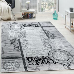 Designer Teppich Modern Meliert Floral mit Mäander Muster Kreise Grau Schwarz 60x100 cm - Paco Home