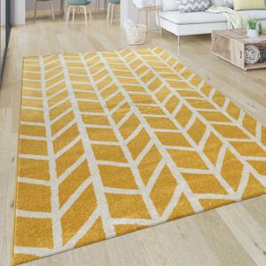 Teppich Wohnzimmer Muster Geometrisch Modern Kurzflor Streifen In Gelb Weiß 60x100 cm - Paco Home