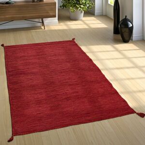 Paco Home - Wohnzimmer Natur Teppich m. Fransen, Moderner Handgewebter Kelim, 100% Baumwolle 80x150 cm, Rot