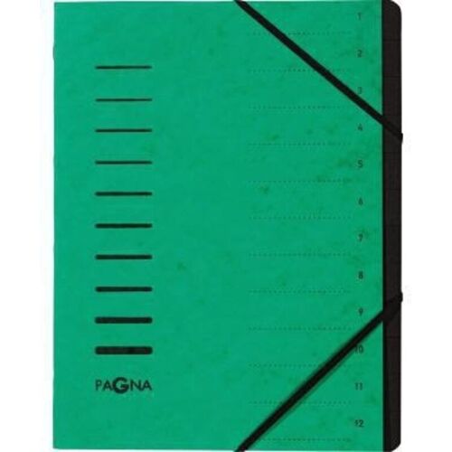 Pagna - Ordnungsmappe din A4 240g/m² Pressspankarton Farbe: grün Farbe des Fächerblocks: schwarz 12 Fächer