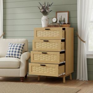 NMONET Kommode 55x40x95 cm Holz mit 4 Rattan Schubladen, Schwarze Metallgriffe und Füße, Vintage Rustikal, Eiche NMONET Kommode 55x40x95 cm Holz mit 4 Rattan Schubladen, Schwarze Metallgriffe und Füße, Vintage Rustikal, Eiche