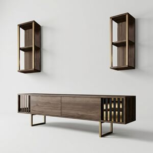 COTECOSY Moderner Fernsehtisch Aus Melaminbeschichtetem Holz Mit Schwebenden Regalen Gold Line - Walnuss COTECOSY Moderner Fernsehtisch Aus Melaminbeschichtetem Holz Mit Schwebenden Regalen Gold Line - Walnuss