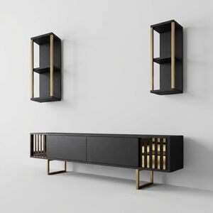 COTECOSY Moderner Fernsehtisch Aus Melaminbeschichtetem Holz Mit Schwebenden Regalen Gold Line - Schwarz COTECOSY Moderner Fernsehtisch Aus Melaminbeschichtetem Holz Mit Schwebenden Regalen Gold Line - Schwarz