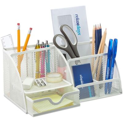 Schreibtisch Organizer, Büro Organizer Mit Stiftehalter Und Schublade, Metall Mesh, Hbt 13 X 28 X 14 Cm, Weiß - Relaxdays Schreibtisch Organizer, Büro Organizer Mit Stiftehalter Und Schublade, Metall Mesh, Hbt 13 X 28 X 14 Cm, Weiß - Relaxdays