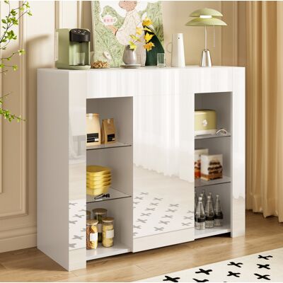 COVREO Buffet 95x35x83 Cm Weiß Aus Spanplatte Mit Hochglanz-front, Glasregalen Und Stauraum COVREO Buffet 95x35x83 Cm Weiß Aus Spanplatte Mit Hochglanz-front, Glasregalen Und Stauraum