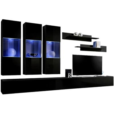MEUBLORAMA Wandkomposition Fly E3 – Schwebende Tv-möbel, Led-vitrinenschränke Und Regale – Hochglanz Schwarz – Modernes Design MEUBLORAMA Wandkomposition Fly E3 – Schwebende Tv-möbel, Led-vitrinenschränke Und Regale – Hochglanz Schwarz – Modernes Design