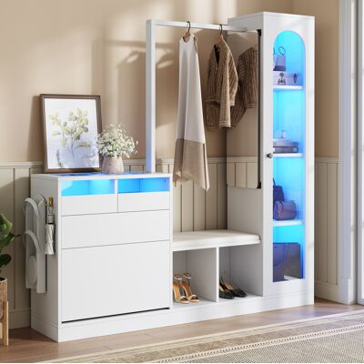 COVREO Eingangskombination 163x50x161 Cm Weiß Aus Spanplatte Mit Led, Spiegel Und Schuhschrank COVREO Eingangskombination 163x50x161 Cm Weiß Aus Spanplatte Mit Led, Spiegel Und Schuhschrank