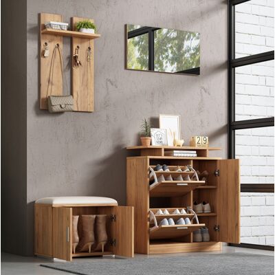COVREO Flur-garderoben-set 140x35x133 Cm Natur Spanplatte Mit Schuhbank, Spiegel, 4 Haken Und 5 Türen COVREO Flur-garderoben-set 140x35x133 Cm Natur Spanplatte Mit Schuhbank, Spiegel, 4 Haken Und 5 Türen