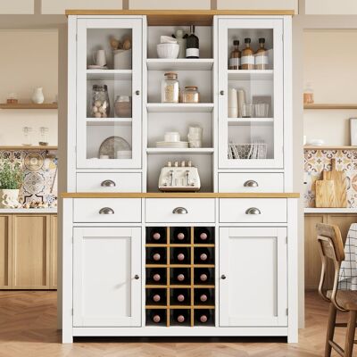 KELLANY Mehrzweck-hochschrank Für Zuhause Mit Kippschutz, Standschrank Für Küche Und Wohnzimmer Mit Glastür, Metallgriffen Und Soft-close-funktion, Herausnehmbares Weinregal, Weiß KELLANY Mehrzweck-hochschrank Für Zuhause Mit Kippschutz, Standschrank Für Küche Und Wohnzimmer Mit Glastür, Metallgriffen Und Soft-close-funktion, Herausnehmbares Weinregal, Weiß