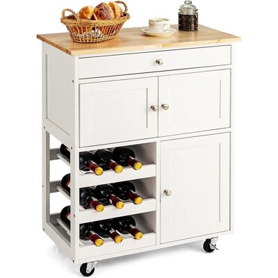 Costway Desserte De Cuisine En Bois D’hévéa Et En Mdf À Roulettes Avec Tiroir, Porte-bouteilles À 3 Niveaux Et 2 Placards Blanc Costway Desserte De Cuisine En Bois D’hévéa Et En Mdf À Roulettes Avec Tiroir, Porte-bouteilles À 3 Niveaux Et 2 Placards Blanc