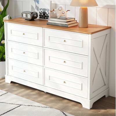 COVREO Sideboard 120x40x76 Cm Weiß In Mdf Und Spanplatte Mit 6 Schubladen, Retro-scheunenmuster Und Naturholz-ablage COVREO Sideboard 120x40x76 Cm Weiß In Mdf Und Spanplatte Mit 6 Schubladen, Retro-scheunenmuster Und Naturholz-ablage