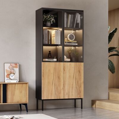 KELLANY Vitrine Mit Glastüren, 180 Cm Hoher Schrank Mit Led-leuchten, Bücherregal, 5-stöckige Glasvitrine Für Sammlerstücke, Bücherregal, Büro, Schwarz/eiche KELLANY Vitrine Mit Glastüren, 180 Cm Hoher Schrank Mit Led-leuchten, Bücherregal, 5-stöckige Glasvitrine Für Sammlerstücke, Bücherregal, Büro, Schwarz/eiche