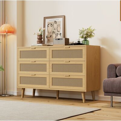 COVREO Kommode 120x40x76.5 Cm Eiche Aus Spanplatte Mit 6 Schubladen, Rattan-optik Und Metallgriffen COVREO Kommode 120x40x76.5 Cm Eiche Aus Spanplatte Mit 6 Schubladen, Rattan-optik Und Metallgriffen