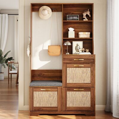 SOLKVUNZA Garderobenschrank Flurgarderobe Mit Sitzbank Schuhschrank 3 Klappen Schublade Kleiderhaken Rattan-optik 100x30x170cm Nussbaum SOLKVUNZA Garderobenschrank Flurgarderobe Mit Sitzbank Schuhschrank 3 Klappen Schublade Kleiderhaken Rattan-optik 100x30x170cm Nussbaum