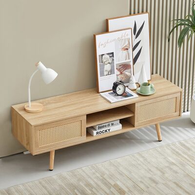 KELLANY Tv-schrank Aus Korbgeflecht Mit Doppelten Schiebetüren, Stauraum, Verstellbaren Einlegeböden Und Beinen Aus Massivholz. Tv-schrank Für Das Wohnzimmer, Naturholzoptik – H45/b1400/t40 Cm KELLANY Tv-schrank Aus Korbgeflecht Mit Doppelten Schiebetüren, Stauraum, Verstellbaren Einlegeböden Und Beinen Aus Massivholz. Tv-schrank Für Das Wohnzimmer, Naturholzoptik – H45/b1400/t40 Cm